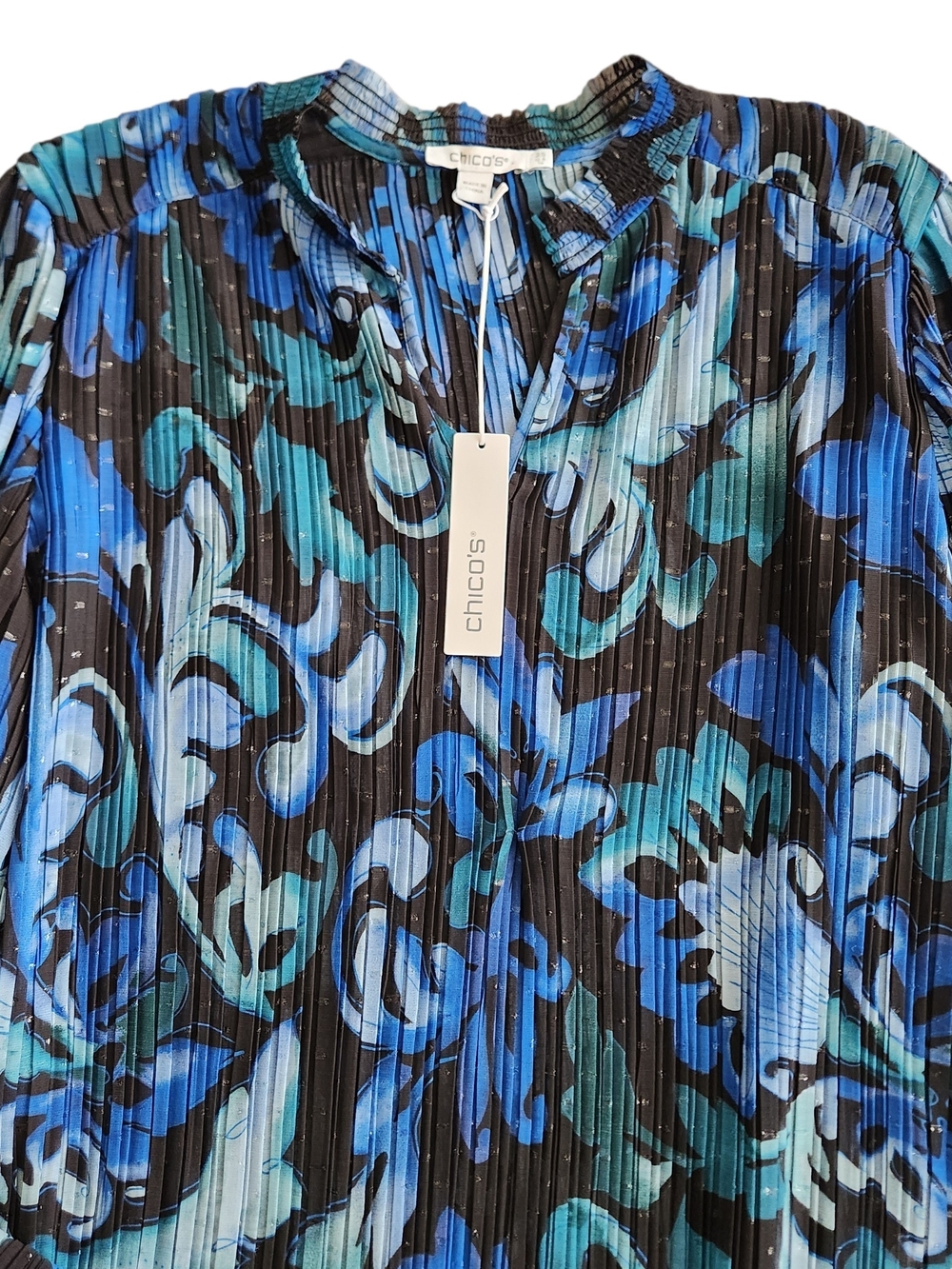 NWT Chico's Pleated Satin Raglan Floral Top Women's 14 Black Blue Sheer Glitter